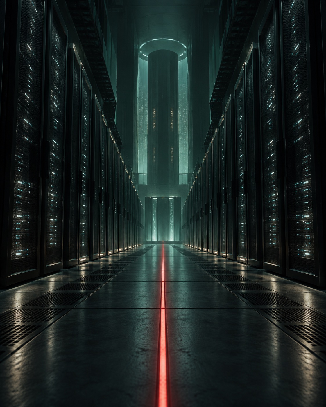 A dark private data center corridor with a red light path