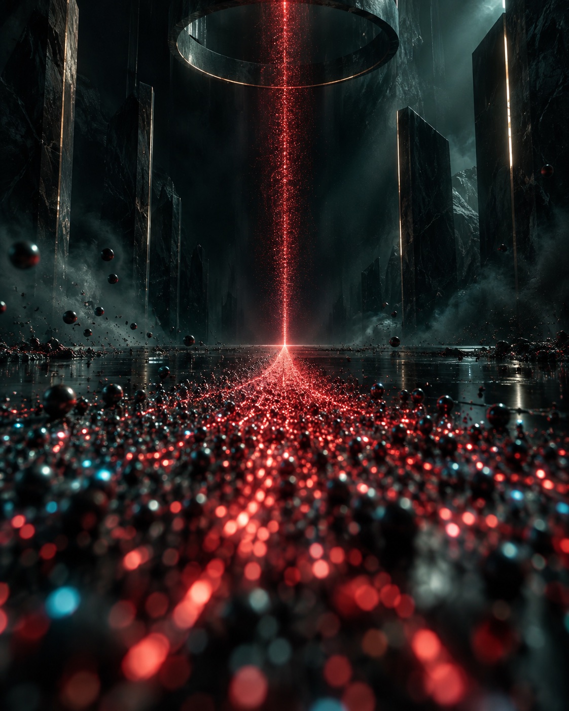 A cloud of data particles resolves into one red signal during a token audit