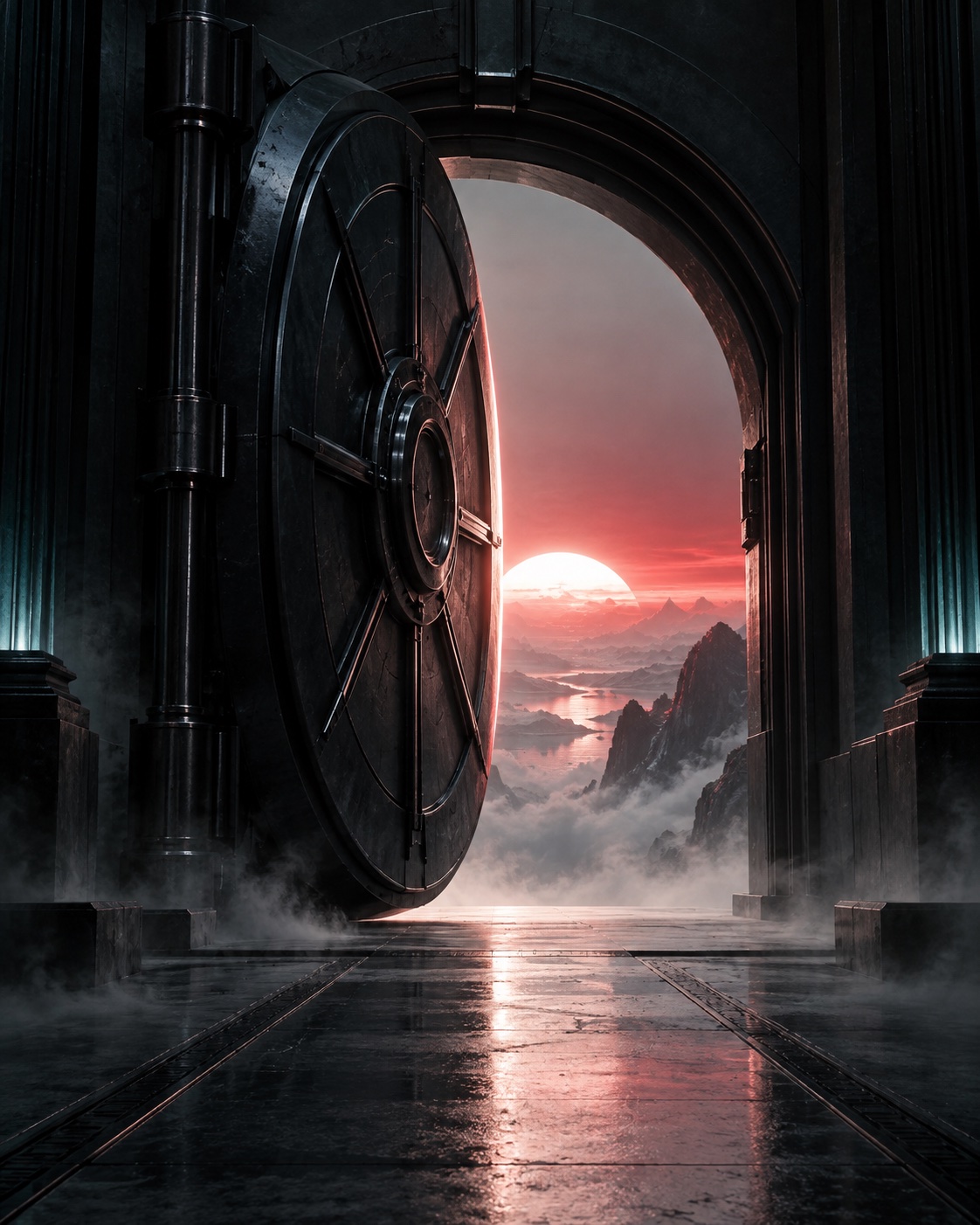 A private infrastructure vault opens toward a light horizon